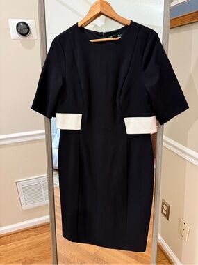 Lauren Ralph Lauren Black Midi Dress with White Waist Band Accent